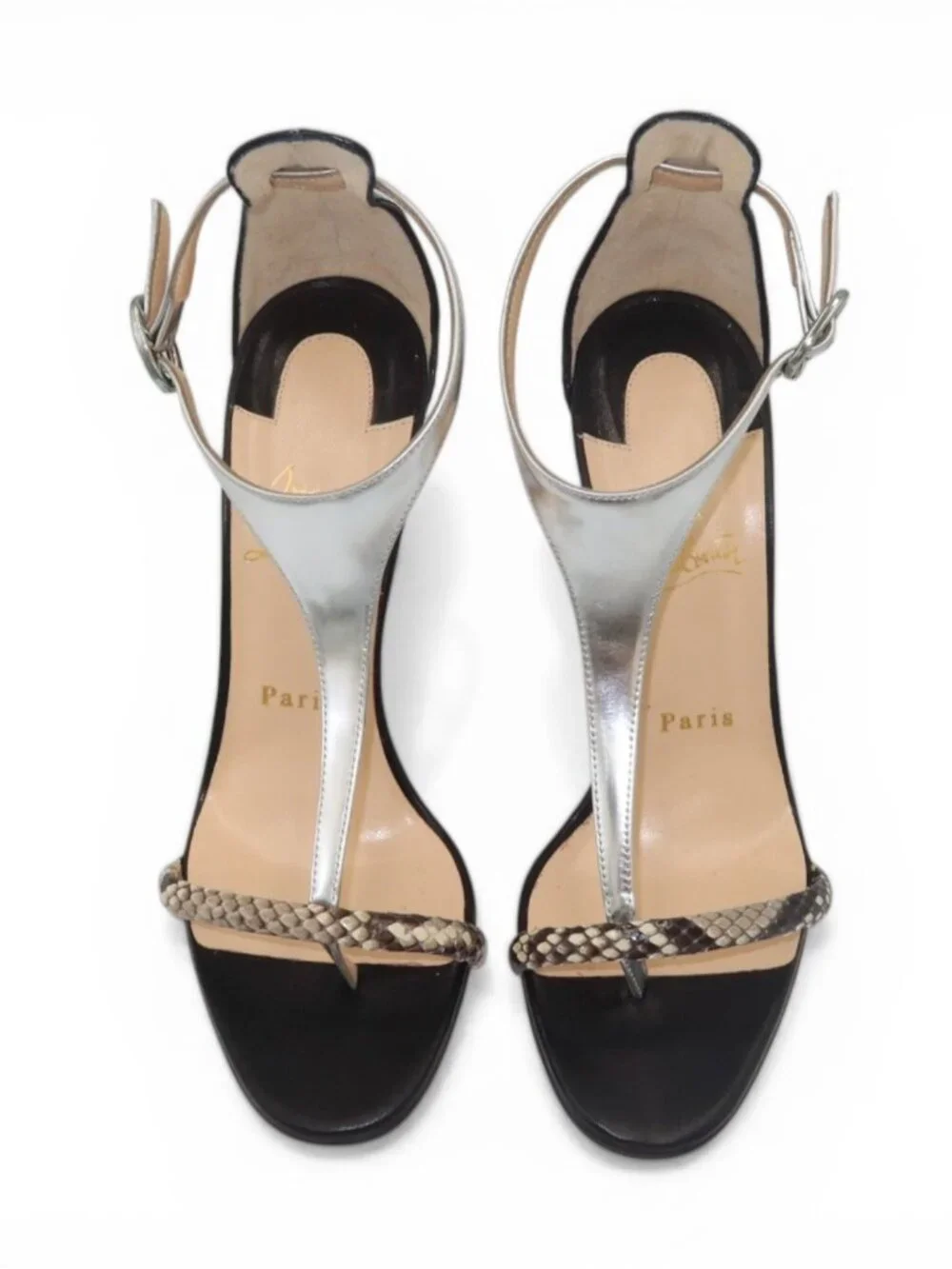 Christian Louboutin Athina Python T Strap Sandals Black Silver Size 37.5 - Picture 2 of 16